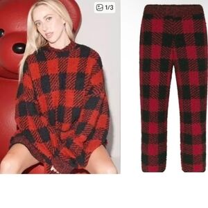 NWT Skims Cozy Knit Red Black Buffalo  Plaid Women Crew Neck & Pants Set SZ S/M